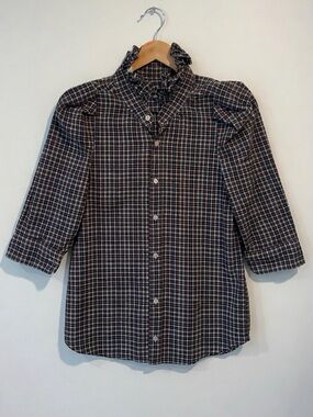 KMJ Navy And Brown Plaid Ruffle Collar Button-Down 3/4 Puff Sleeve Pocket Top